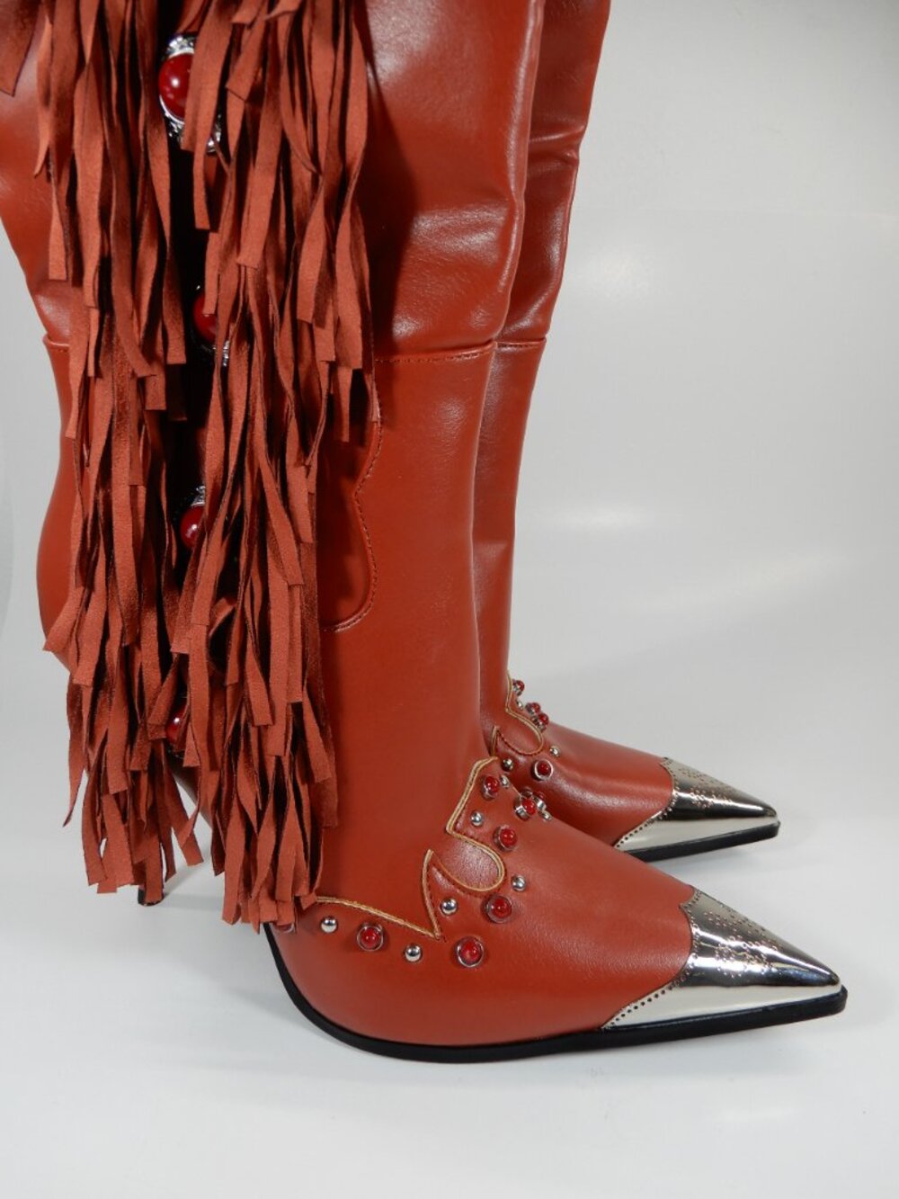 AZALEA WANG Pelagiana Boots Red Fringe Rhinestone Western Stiletto Heels NEW - Picture 6 of 8